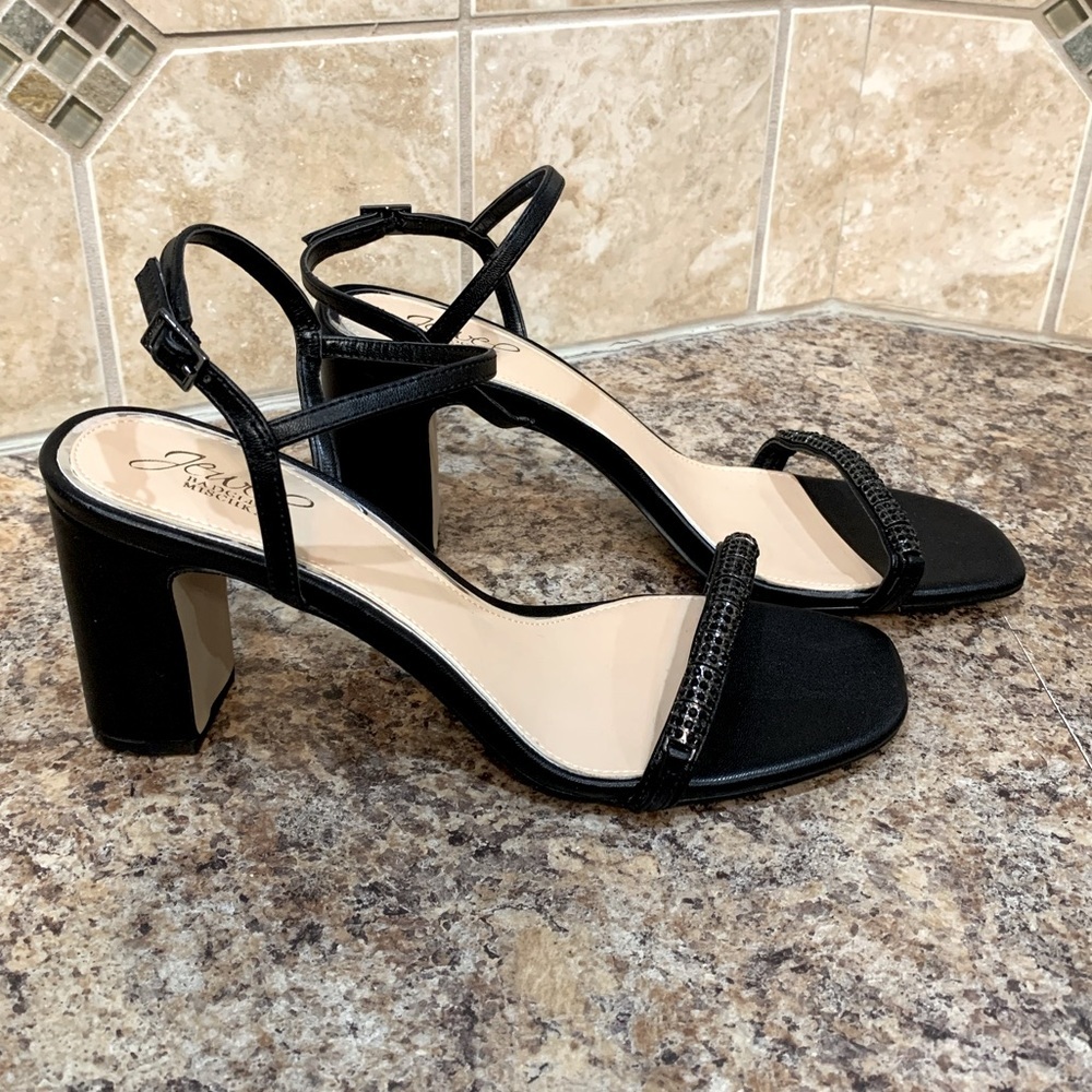 Jewel Badgley Mischka Charlee Black Rhinestone Block Heels Size 10